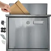 FURNISHED Wall Mounted Letter Box - Large Mail Outdoor Post Box Weather Resistant Postbox for Outside Wall Stainless Steel Lockable Letterbox Top Loading Mailbox with Cylinder Lock, Silver