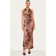 Brown Devore Cowl Neck Maxi Dress, Brown