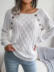 Casual Square Collar Buttons Long Sleeve Knitted Pullovers and Sweaters for Women