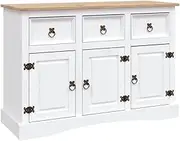 vidaXL Rustic Mexican ‘Corona’ Style Sideboard in Solid Pinewood with Multiple Storage Compartments, White & Brown - Dimensions 132x43x78 cm