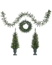 Sterling Tree Company 4Pc Norway Pine Set, Pre-Lit Potted Trees, Unlit Wreath, And Pre-Lit Garland