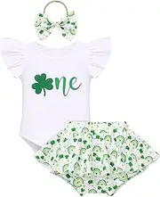 [IBTOM CASTLE] Baby Girls Outfit Sunflower Mouse Peach Romper+Ruffled Shorts+Headband 3PCS Summer Clothes Set