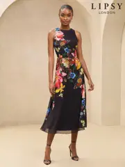 Lipsy Black Floral Printed Chiffon Fit And Flare Midi Dress (AU2028) | $120