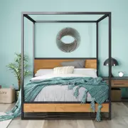 Zinus Queen Bed Frame Wood & Metal Bed Base Bamboo Canopy