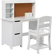 White Study Desk and Chair Set with Bookshelf, Bulletin Board, and Cabinets - Ideal for Boys and Girls Ages 3-8