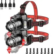 LED Headlamp Rechargeable 2PCS, Super Bright Head Lights for Forehead, Mechanic Hardhat Light for Adults, USB C Headband Flashlight for Working, Running, Hiking, Camping Essentials Gear