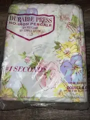 Seconds ~ Vtg Double Flat Sheet New Floral White Durable Press 1960's