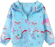 [Domueay] Softshell Jacket Girls' Transition Jacket Children's Spring Autumn Jackets Flowers Rainbow Lightweight Jacket with Hood Thin Lined Wind Jacket Breathable Coats 2-7 Years, Size 92-122, Blue