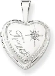[JewelryWeb] 925 Sterling Silver Polished Patterned Holds 2 photos and Diamond Trust 12mm Love Heart Locket