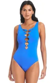 Bleu Rod Beattie Ring Me Up Plunge Lace Down One Piece Aegean Bleu
