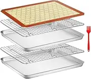 KITment Baking Trays for Oven, Baking Sheet Cooling Rack with Silicone Mat Set, Stainless Steel Cookie Pan with Oil Brush, Non-Toxic Rectangle Toaster Oven Tray (2 Sheets + 2 Racks + 1 Mat + 1 Brush)