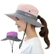 Women Wide Brim Ponytail Hat UV Sun Visor Protection Summer Beach Floppy Cap - Pink&Purple