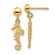 14K Yellow Gold 3-D Mini Seahorse Dangle Post Earrings