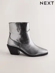 Metallic Silver Leather Extra Wide Fit Forever Comfort® Cowboy Block Heel Ankle Boots (F18691) | $111