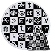 Black and White Aztec Symbols Checkers Round Beach Towel