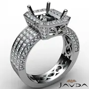 Emerald Cut Semi Mount Diamond Engagement 3 Row Halo Ring 18k White Gold 1.38Ctw