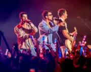 8x10 color photo of the Jonas Brothers in concert.