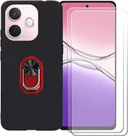 [FZZSZS] Case for Oppo A5 Pro 5G (6.67") + 2 Pack Screen Protector Tempered Glass,Soft Gel TPU Silicone Protection Cover with Red Kickstand 360 Ring Holder Black Phone Case