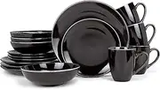 [Elanze Designs] Reactive Glaze Stone Ceramic Plates Bowls Mugs Classic Dinnerware 16 Piece Set - Service for 4, Black