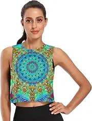 [ODAWA] Abstract Floral Mandala Womens Crop Top Workout Running Shirts Loose Tee Tops Sizes S-2XL