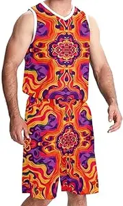 [KQNZT] Basketball Jerseys Shorts Sport Set, Jerseys for Men, Men's Basketball Jersey, Mandala Orange Bohemian Ethnic