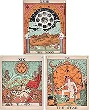 Pack 3 Tarot Tapestry, The Moon, The Star and The Sun Tarot Card Tapestry, Medieval Europe Tapestry for Room with Rustproof Grommets, Seamless Nails