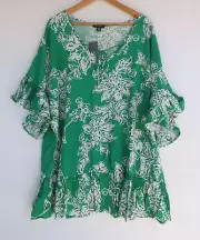 New Autograph Top 20 Womens Green White Ruffle Neck Tie Bead Floral Viscose