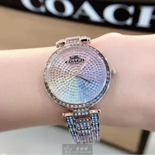 COACH手錶, 女錶 34mm 玫瑰金圓形精鋼錶殼 彩虹圈時分中二針顯示, 滿天星鑽圈錶面款 CH00059