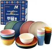 HIERYQHE Wheat Straw Dinnerware Sets, 24pcs Multicolor Striped Wheat Straw Plates, Bowls, Cups for All Occasions