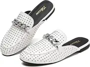 [Tilocow] Metal Chain Decor Mules for Women Backless Round Toe Flats Rivet Slide Sandals Women Slip-on Loafers