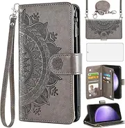 [Asuwish] Mobile Phone Case for Samsung Galaxy S23 FE 5G Case with Strap and Film Screen Protector Card Slot Foldable Leather Flowers Wallet Stand S 23 S23FE 23FE Wallet Mobile Phone Cases Protective