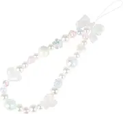 LUVI Beaded Phone Charm Lanyard Wrist Strap Love Heart Bow Beads Butterfly Chain Flower String Pearl Bling Bracelet Keychain Cute Fashion for Women White