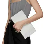 Alexander McQueen Skull Four-Ring Croc-Embossed Leather Clutch Grey White Silver