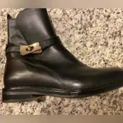 Jatarea Borneo Sheep Leather Black Ankle Bootie Gold Buckle 7 New Side Zip