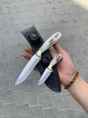 Two in One Custom Camping Knife Deer Antler Brass Bolster Handle Handmade