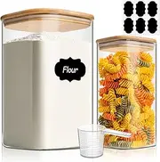 ComSaf Glass Pantry Storage Containers, 4350/1500ml Large Square Flour and Sugar Containers with Airtight Lids, Gallon Glass Jars with Bamboo Lids for Cereal, Rice, Pasta, Cookies, Coffee Beans