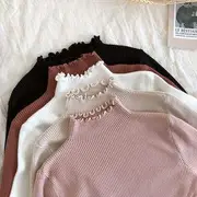 Lettuce Edge Mock Neck Knit Top Black - One Size