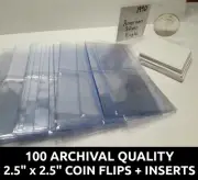 100 Archival Quality Mylar 2.5" coin holders - plastic flips + inserts for PCGS