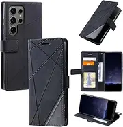 Design Piece of Leather-Like Wallet Phone Case for Samsung Galaxy S24 Ultra with Card Slots, Cash Pocket, Kickstand and Magnetic Lock (Black)