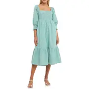 English Factory Smocked Gingham Print Midi Dress in Green at Nordstrom, Size X-Small