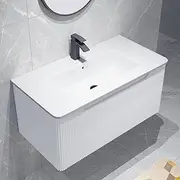 ACA International 910mm Length Unit Ceramic Basin Bathroom Cabinet Soft-Closing MDF Ripple Vanity Drawer Wall Mounted (White Without Faucet)