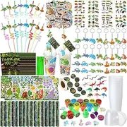 Poen 212 Pcs Reptiles Party Favors Set Include Cup Straw Stamp Clap Bracelet Keychain Ring Puzzle Sticker Animal Miniature Card for Birthday Party Baby Shower Goody Bag Stuffer