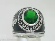 925 Silver United States Mason Masonic May Emerald Stone Men Ring Size 7-14
