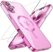 GUAGUA Magnetic for iPhone 16 Plus Case, Clear Luxury Case [with 2X Screen Protector] Compatible with Magsafe Shockproof Protective Cases for iPhone 16 Plus 6.7", Pink