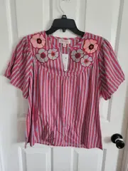 Philosophy Women's Short Sleeve Stripe Embroidered Peasant Top Size Small NEW