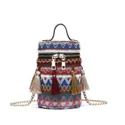 Tassel National Style Linen Bucket Shoulder Bag For Women
