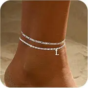 [Tasiso] Initial Ankle Bracelets for Women，Layered Waterproof Anklet for Women Sterling Silver Plated Anklets Layering Thin Figaro Letter Anklet Summer Jewelry Gifts for Women