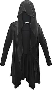 [ATAMET] Men's Long Hooded Cardigan Ruffle Shawl Collar Drape Cape Overcoat Asymmetric Hem Open Front Hooded Cardigan