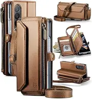 [Strapurs] Crossbody Wallet Case Compatible with Samsung Galaxy Z Fold 4 with RFID Blocking Card Holder & Pen Holder Slot Soft PU Leather Shoulder Strap Zipper Pocket Purse Fold 4 Phone Case, Brown