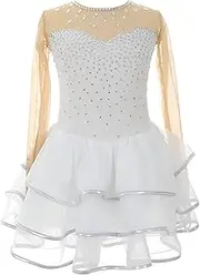 [Zagitova] Figure Ice Skating Dress for Kids, Girls Mesh Patchwork Skating Dancewear Costume for Competition, Customizable